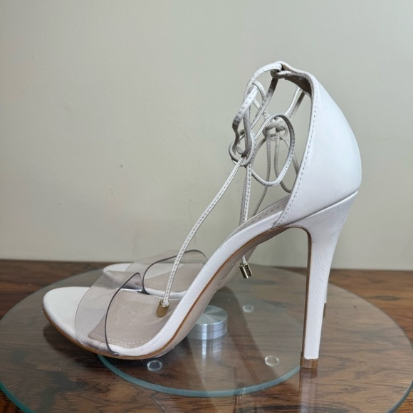 Schutz Josseana Eggshell Leather Vinyl Ankle Strap High Heel Sandals - Picture 9 of 16